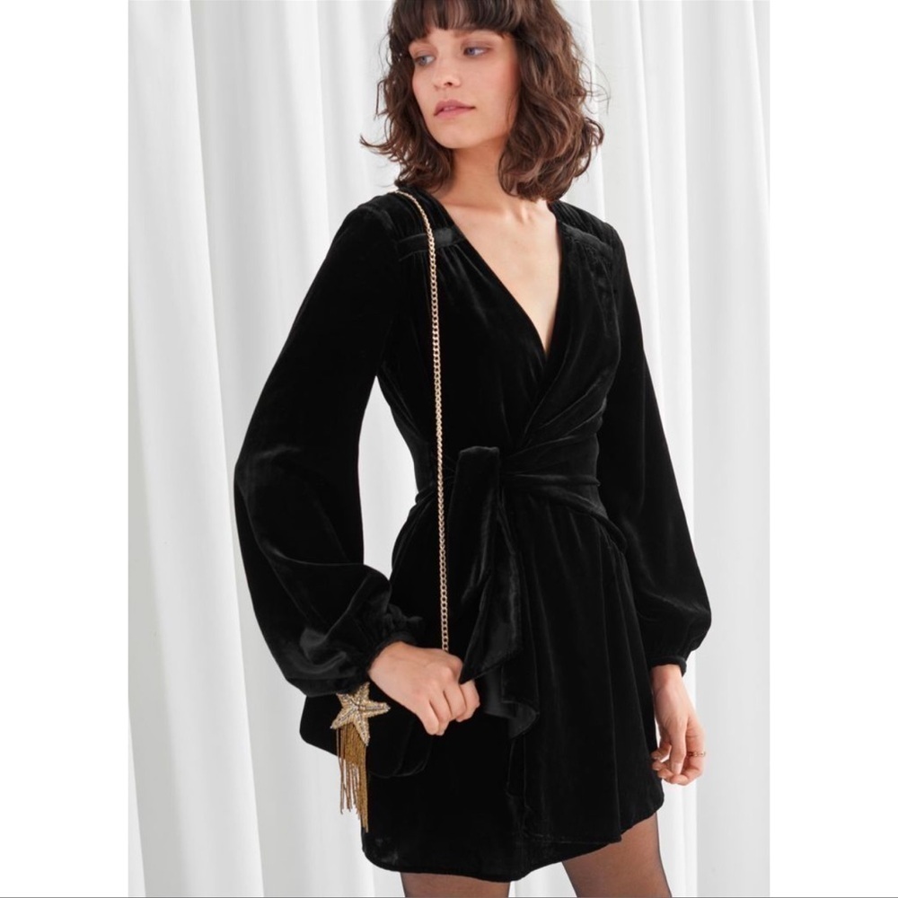 & OTHER STORIES Black Velvet Faux Wrap Mini Dress